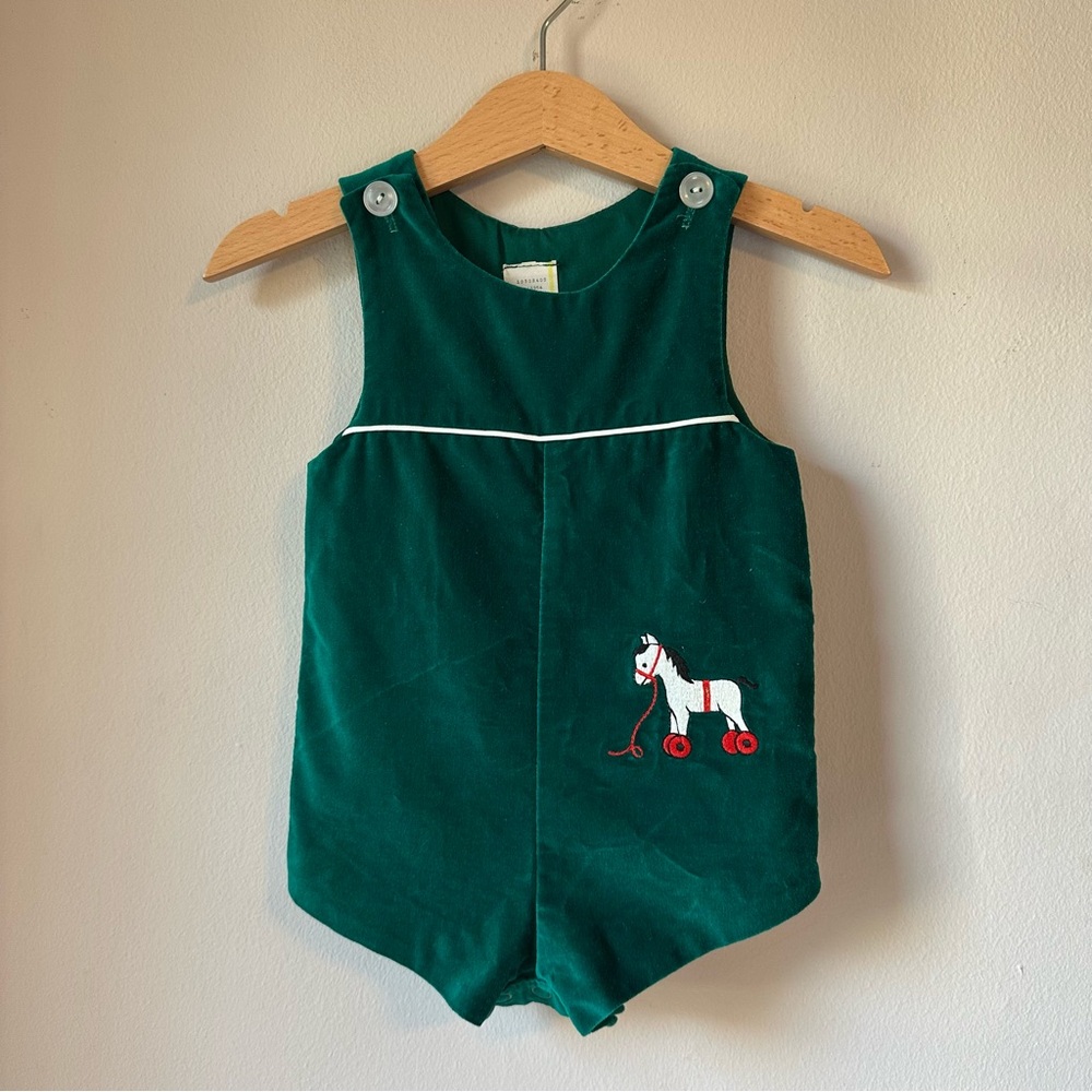Vintage Baby Boy Emerald Green Velveteen Horse Toy Bubble Jon Jon Size 3-6M